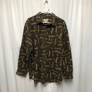 Woolrich Shirt Mens Size XL Brown Canoe Fish Print Cotton Button Up